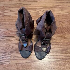 Jeffrey Campbell Ibiza Last Open Toe Chunky Heels Brown Leather w Buckles Sz 8.5